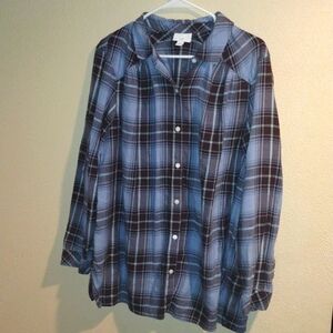 J Jill Cotton Blend Tunic Length Plaid Button Down Top XL.